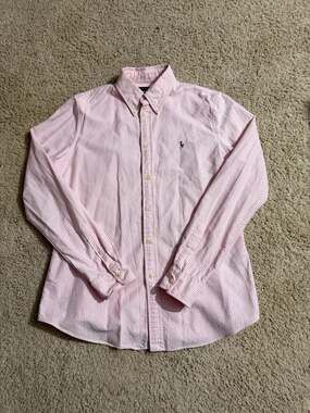 Ralph Lauren Women's Custom Fit Pink and White Striped Oxford Button-Down Shirt